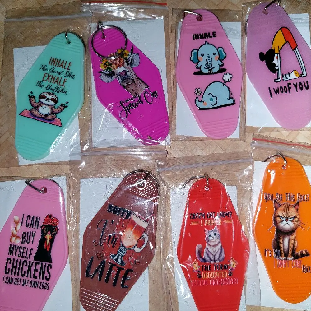 Blind Bag Motel Keychain with Sayings Assorted Designs Sayings and Colors Unique Key Accessories DTF Printed Plastic Keychain