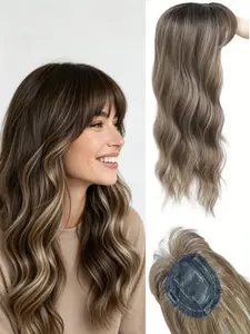 Women’s Ash Brown Rooted Wavy Hair Topper with Bangs | Clip-In Synthetic Hairpiece | Premium Kanekalon Fibers | Fix Thinning Hair, Add Natural Volume | Clip Hair Extensions