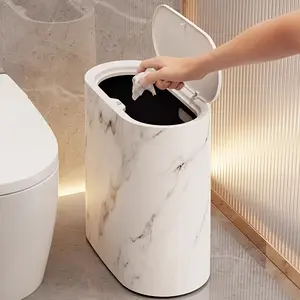 Plastic marble-patterned trash bin with lid, suitable for small covered trash cans in bathrooms, narrow wastebaskets, modern household and hotel trash bins