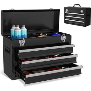 Tool Box, 3 Drawers Lockable Tool Chest Toolbox with Ball-Bearing Slides and 2 Latches Closure for, Workshop, Repair Shop (Black)