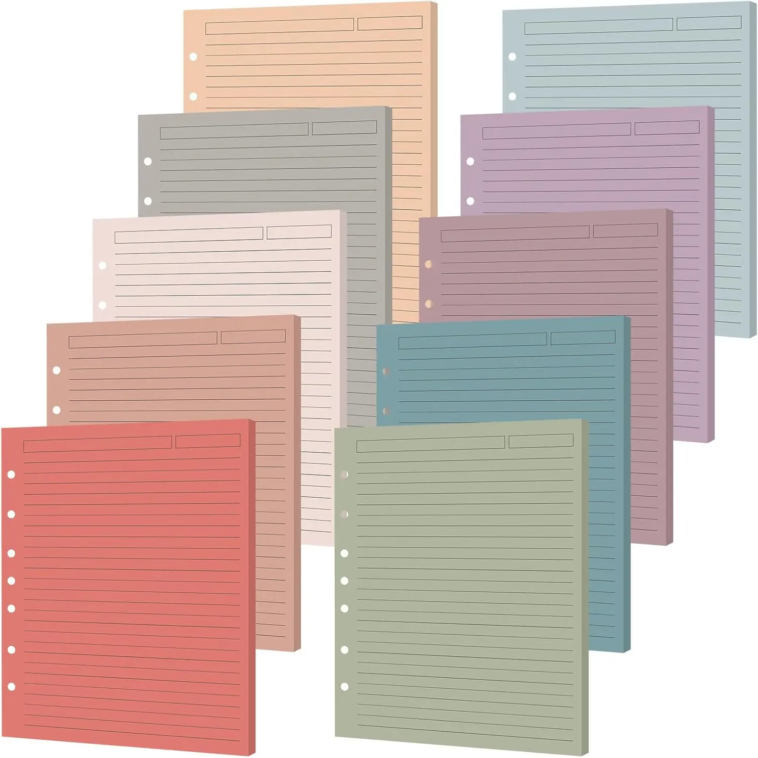 100 Sheets A5 7-Hole Lined Refill Paper Binder Inserts 5.5" x 8.5" Loose Leaf Papers 10 Colorful Line Planner for Mini 3 or 7 Ring Binder Junior Size Notebooks for Office School Business Home