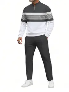 Men's Stripe Half-Zip Stand Collar Set, Versatile Two-Piece for Daily Commute & Running