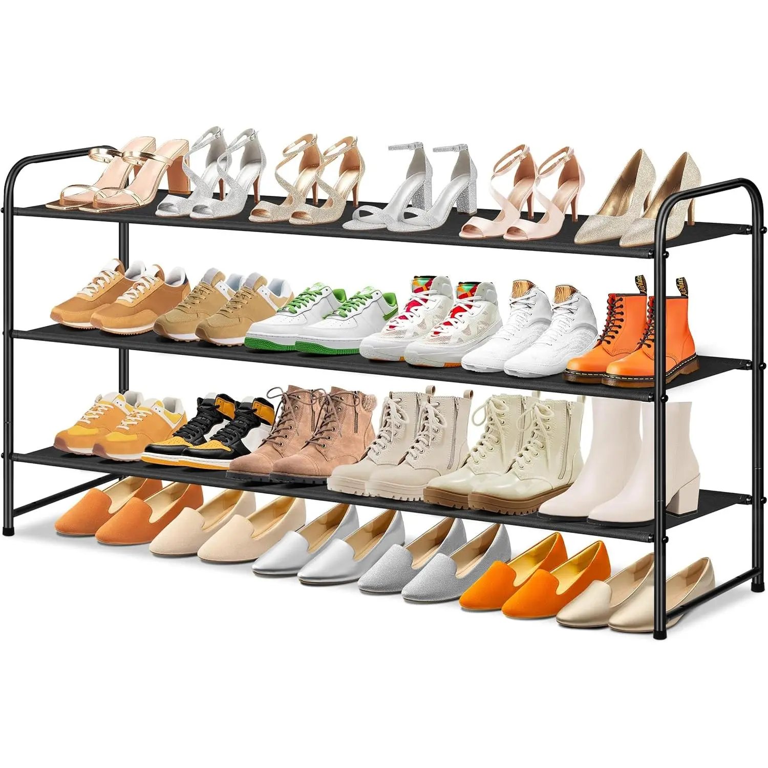 Long 3-Tier Shoe Organizer for Closet, Stackable Wide Shoe Rack Holds 24-Pairs Shoe Storage Shelf for Bedroom, Floor, Entryway (Black)