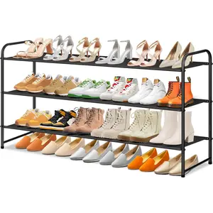 Long 3-Tier Shoe Organizer for Closet, Stackable Wide Shoe Rack Holds 24-Pairs Shoe Storage Shelf for Bedroom, Floor, Entryway (Black)