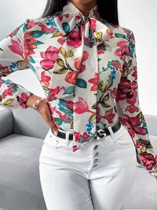 One women's colorful flower-printed bow tie-dye blouse with long sleeves, suitable for vacation, commuting and daily wear.