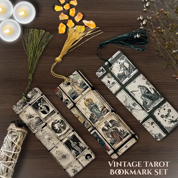 Vintage Tarot Bookmark Set - 3 Gothic Bookmarks for Witches Mystics & Book Lovers Dark Academia Reading Gift Witchy Stationery with Tassels Spiritual Gifts for Her Gothic Clipart for Journaling Spellwork & Rituals
