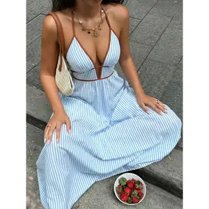 Women's Summer Sexy Halter Sleeveless Dress for Party and Club Casual Midi Dresses Striped Neck Sexy Dress