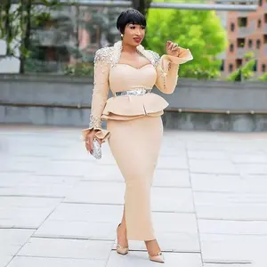 Women's Elegant Long Sleeve Midi Dress with Ruffle Beige Bodycon Fitted Plain Design for Summer Wear