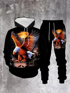 Outdoor Eagle Pattern Men's Hoodie and Sports Pants Two Piece Winter Set Graphic Tracksuit