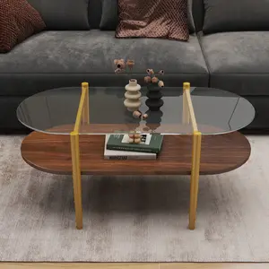 Oval Glass Coffee Table, Mid-Century Modern Glass Center Table for Living Room, 2-Tier Coffee Table with Wood Shelf, Walnut