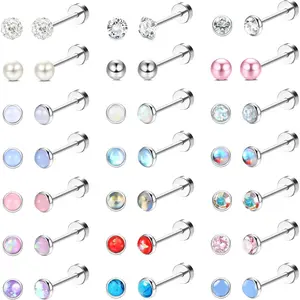 LOYALLOOK 21Pairs 20G Hypoallergenic Stud Earrings Set for Women Men 316L Stainless Steel Cartilage Flat Back Stud Earrings CZ Opal Screwback Earrings Studs Piercing Jewelry Multicolored Moonstone Daily Wear