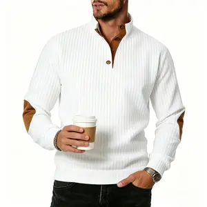 MARSVOVO Men's Vintage Stand Collar Sweatshirt Spring Fall Casual Long Sleeve Polo Shirt Quarter Button Metal Pullover