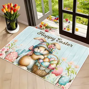 Easter Bunny Flower Egg Wood Grain Print Door Mat, Soft Entryway Rug, Perfect for Kitchen Bathroom Room Decor Gift, Home Decorative Rugs