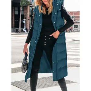 Women’s Long Down Vest, Quilted Hooded Sleeveless Vest with Padding, Button Zipper Closure, New Fashionable Commuter Winter Style