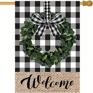 60x96inch Vertical Double-Sided Garden Flag Featuring a Boxwood Wreath And a Welcoming Design Perfect for Outdoor Decoration. It Comes in Two with a Rustic Buffalo Check Plaid Style