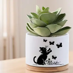 Minimalist Cat Succulent Planter – Ceramic Plant Pot, Cute Butterfly Desk Decor, Aesthetic Home & Office Decoration