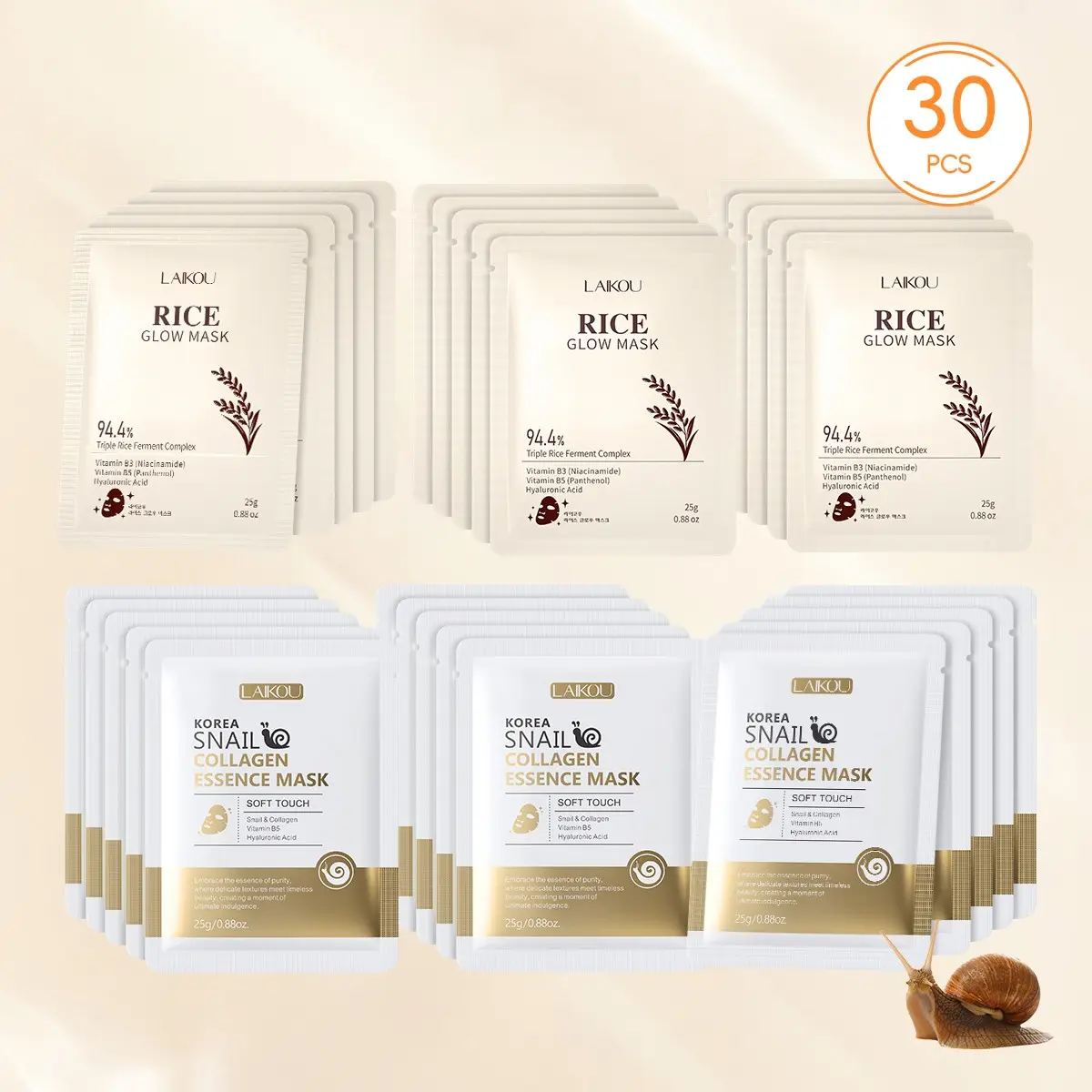 Laikou Rice Brightening Mask & Snail Collagen Mask for Smooth, Radiant & Glow Skin, Hydrating Facial Treatment, Skincare, Korean Beauty Products, Collagen Face Mask Sheet
