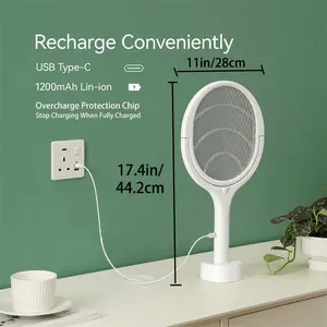 White Mosquito Swat, 6-in-One Rechargeable Electric Fly Swat,  Foldable Head for Easy Swatting, Swivel Head with 3-Layer Safety Net Insect Exterminator. Indoor and Outdoor.