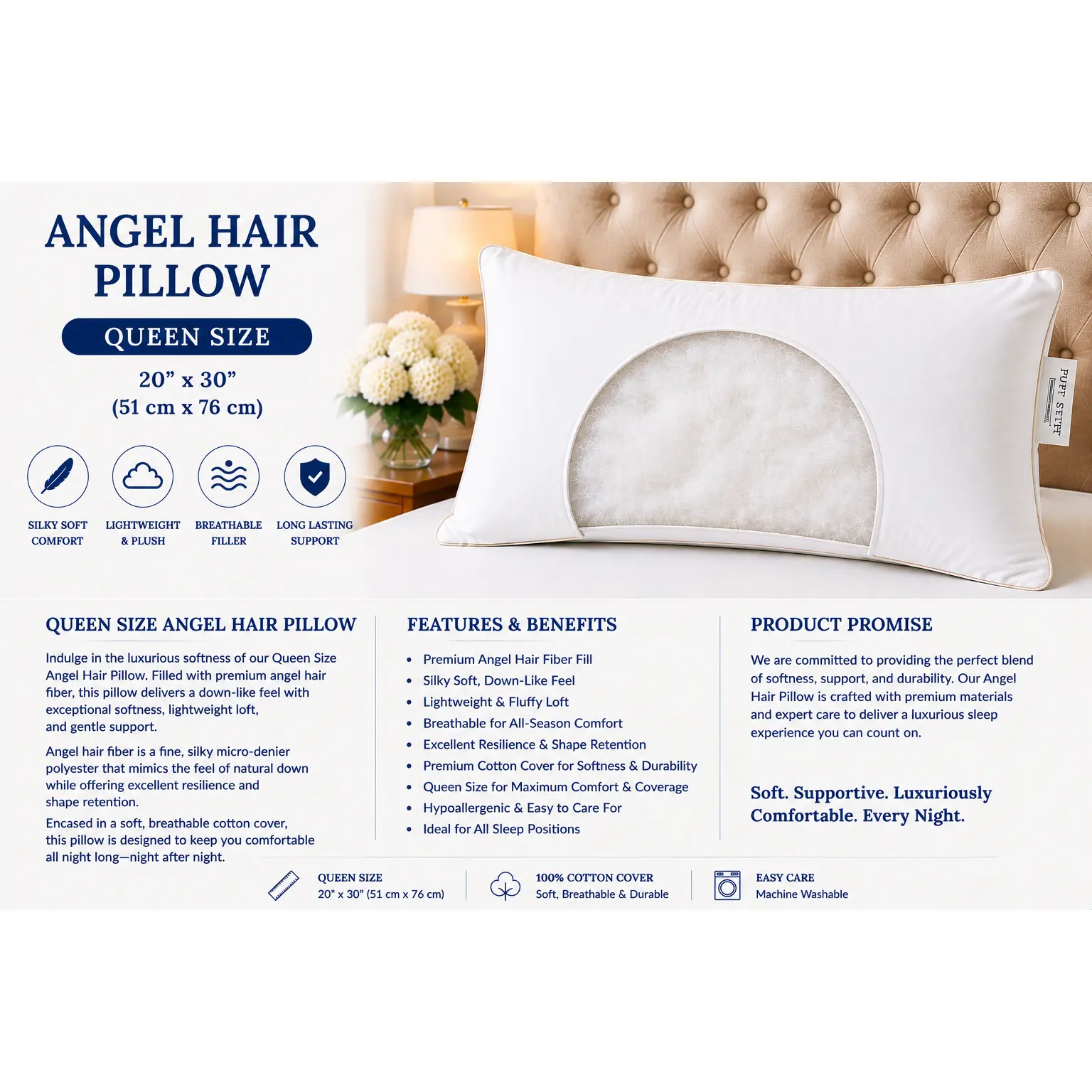 Angel Hair Fiber Queen Pillow — Down-Like Softness