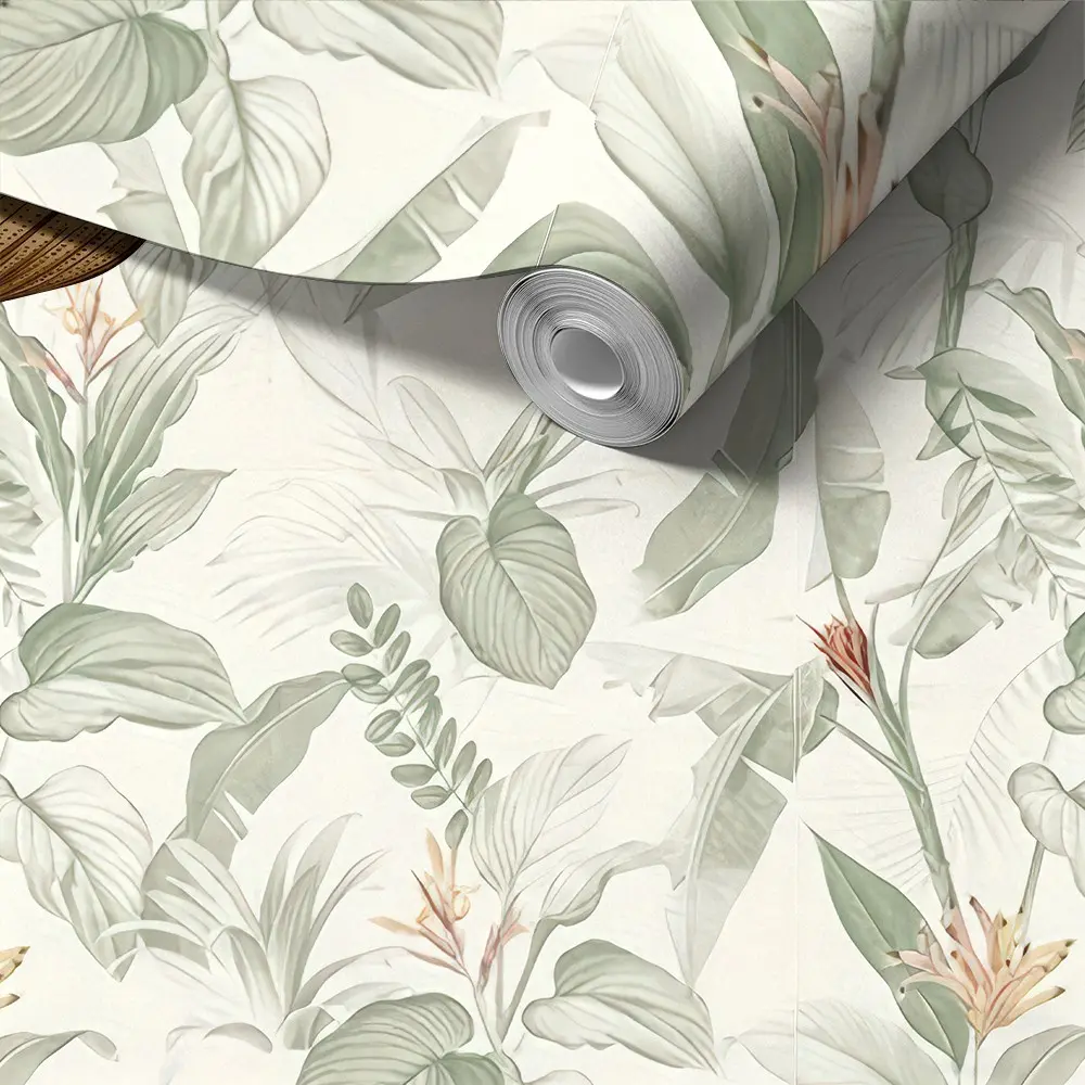 Sage Tropical Leaf Wallpaper, Peel and Stick, Mould-Proof, Minimalist Boho Style, for Bedroom, Living Room, Bathroom, Self Stick Wallpaper