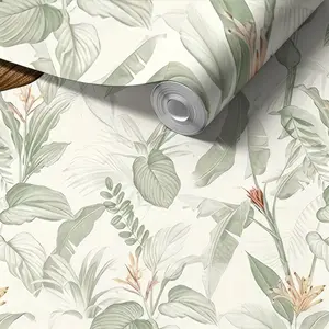 Sage Tropical Leaf Wallpaper, Peel and Stick, Mould-Proof, Minimalist Boho Style, for Bedroom, Living Room, Bathroom