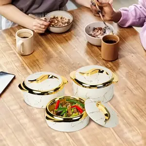 Luxurious marble-patterned gold-trimmed insulated bowl set (three-piece), lined with stainless steel, provides long-lasting heat or cold retention, and features a leak-proof lid for food storage