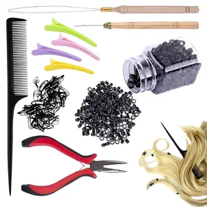Hair Extensions Kit, 500 Pcs Black Micro Ring Beads with Plier, Hook Needles, Alligator Clips, Comb & Mini Rubber Hair Elastics for DIY Hair Extension