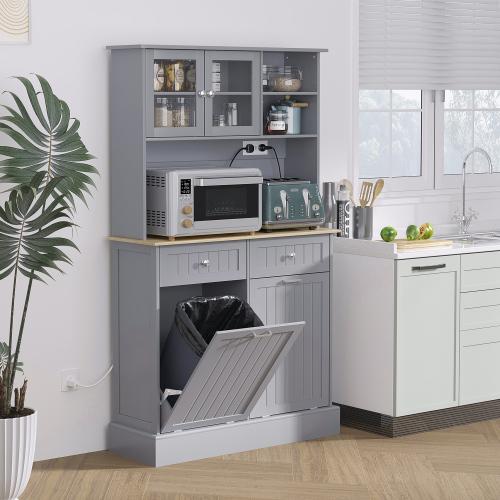 Bellemave HOMCOM 68" Multi Purpose Organized Open Storage Kitchen Furniture Cabinet with Charging Station, 2 Tilt-Out Trash Cabinets, Microwave Stand, Glass Doors & Adjustable Shelf, Freestanding Hutch, Open Storage Cabinet, Multi Purpose Kitchen Furnitur