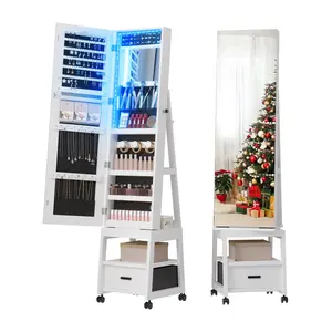 [NEW] Garvee 360° Swivel Jewelry Cabinet with LED Lights, Inside Makeup Mirror, Rotatable Full Length Mirror with Jewelry Storage, Lockable Standing Jewelry Armoire Organizer with Drawer and Wheels (White)