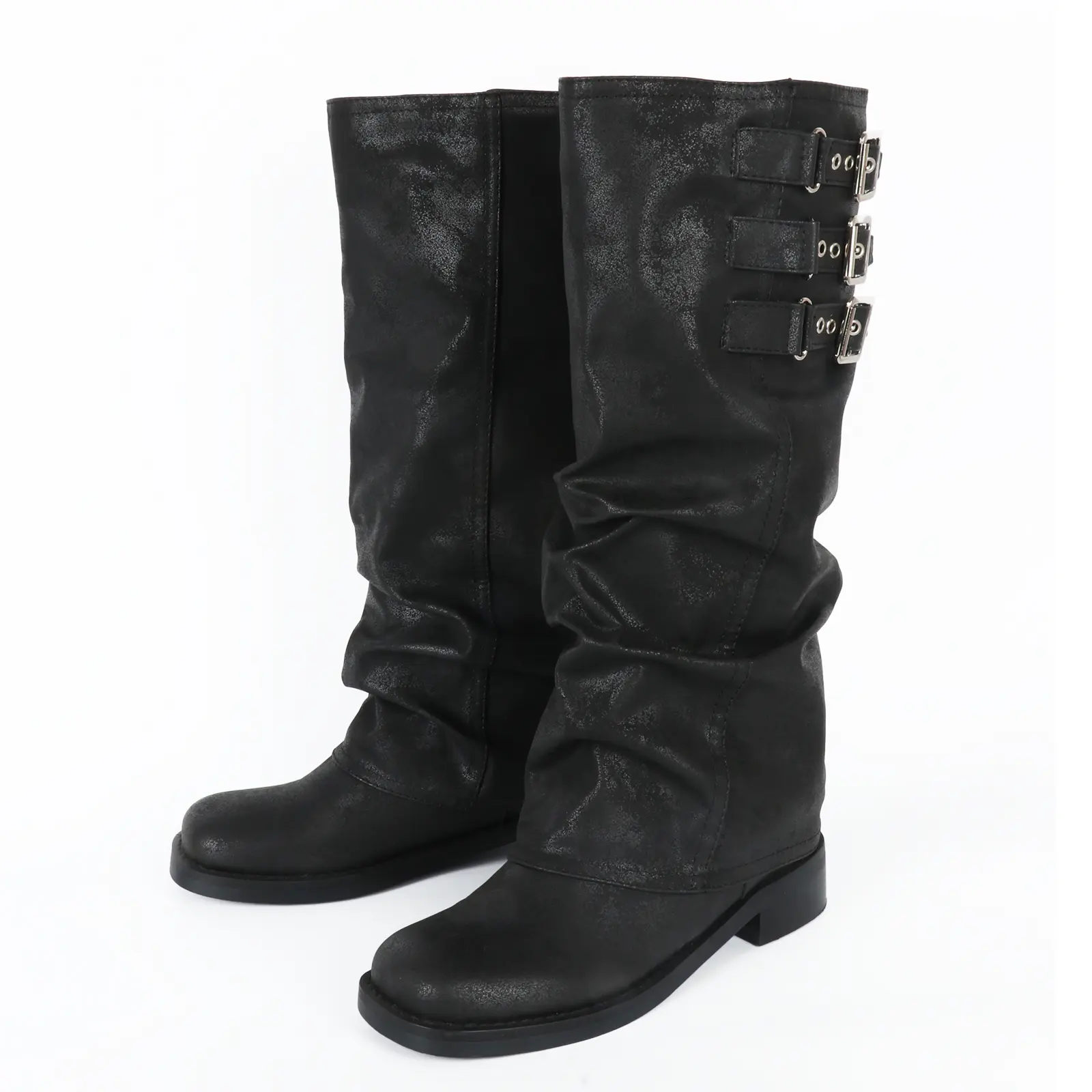 Women's Biker Boots, Slouchy Faux Leather Mid-Calf Style, Padded Round Toe Pull-On Walking Shoes with Buckle, Footwear, Casual, Stylish, Rubber, Party, Design, Buttons, Slip On, Block Heel, Pu Leather