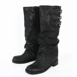 Women's Slouchy Boot Casual Round Toe Pull On Riding Biker Boots Fold Over Chunky Low Heel Platform Boots Buckle Black Faux Leather Party Footwear Walking Shoes Anti-Slip Rubber Sole Comfortable