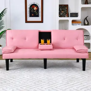Pink Tufted Sofa with Built-in Storage and Cup Holders for Modern Living Room Decor