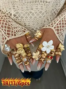 Elegant Floral Imitation Pearl Ring Set, Zinc Alloy Wide Band Women's Stackable Rings, All-Season Jewelry Gift for Parties & Birthdays