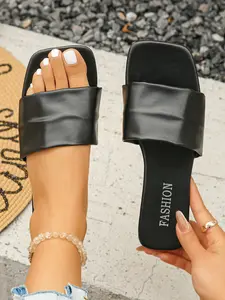 Women's Fashionable Plain Color Square Toe Slide Sandals, Open Toe Sandals, Casual Comfortable Flat Sandals for Summer, Lightweight Breathable Shoes for Daily Wear, Girl
