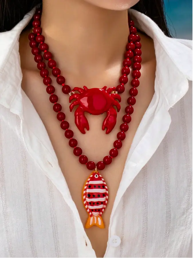 Red Beaded Crab & Fish Pendant Necklace for Women, Coastal Beach Jewelry