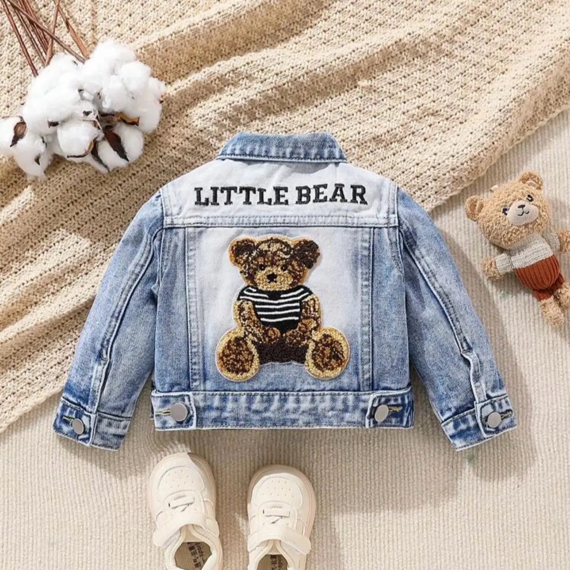 Baby Boys Blue Bear Embroidery Denim Jacket - Classic All-Match Style