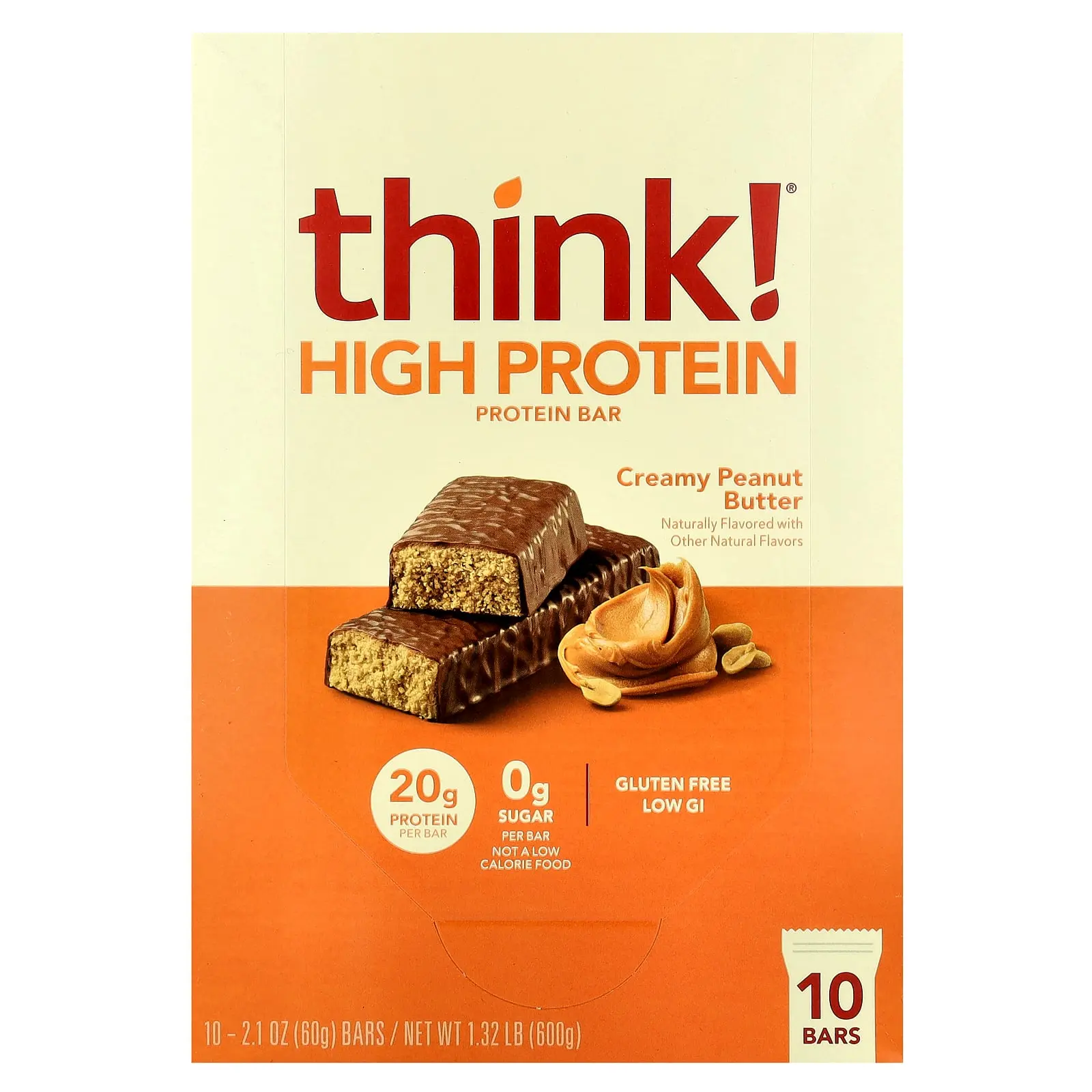 Think ! High Protein Bars, Creamy Peanut Butter, 10 Bars, 2.1 oz (60 g) Each