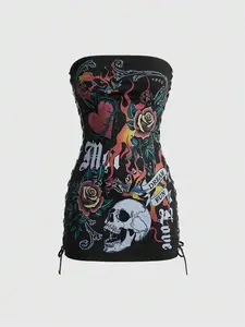 EMILEE Spring/Summer Carnival Party Graphic Black Y2K Retro Babe Skeleton Heart Flame Text Print Cropped Bodycon Mini Dress