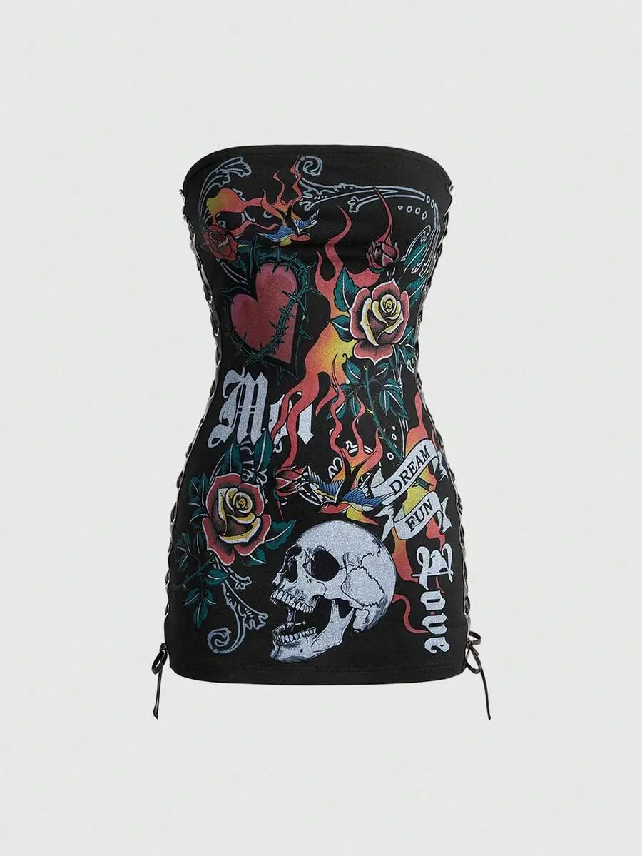 EMILEE Spring/Summer Carnival Party Graphic Black Y2K Retro Babe Skeleton Heart Flame Text Print Cropped Bodycon Mini Dress