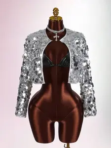 Women's Party Outerwear, Long Sleeve Silver Color Sequin Jacket, Fitted Short Coat, All Seasons, Plain Design, No Zipper