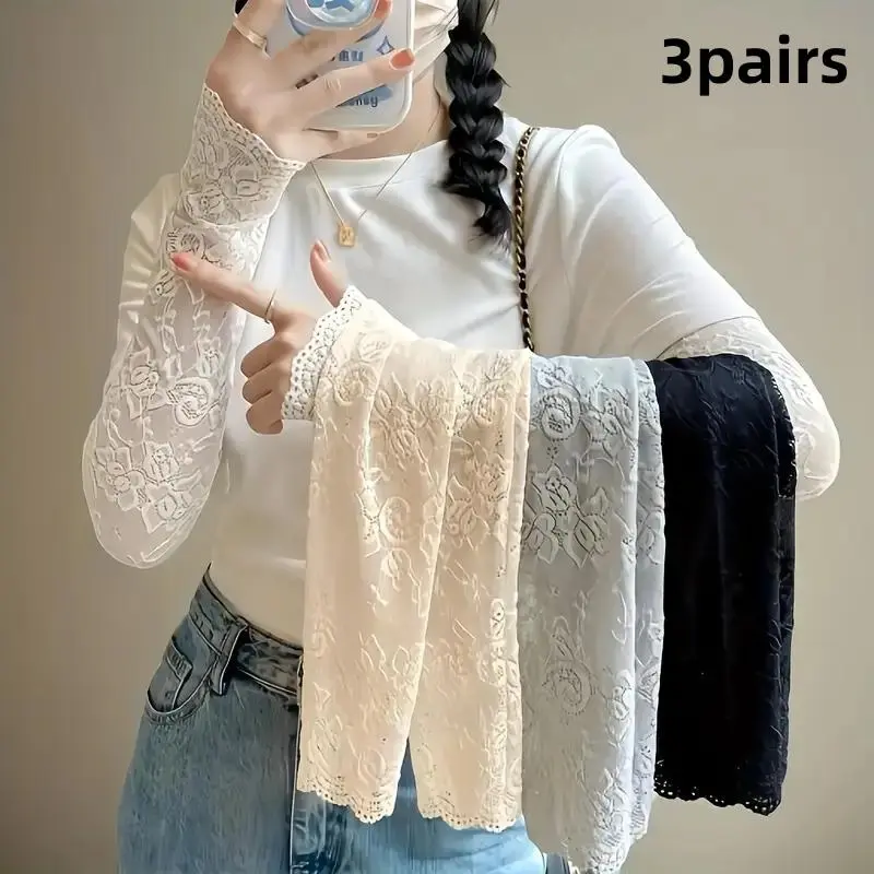 Lace Fingerless Gloves, 3 Pairs Breathable Sun Protection, Elbow Length, for Women, Outdoor Sports & Daily Wear