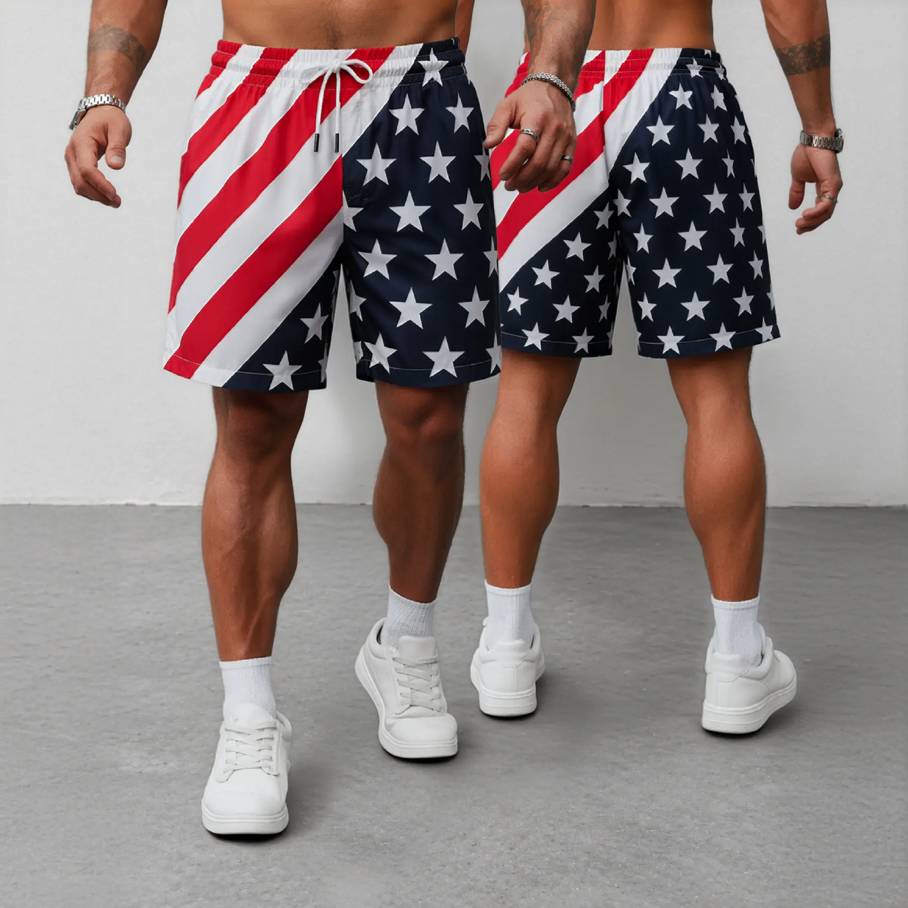 Mens American flag swim trunks lightweight drawstring shorts with diagonal stripe and star print for pool days beach weekends lake trips and backyard cookouts relaxed fit patriotic graphic summer vacation outfit