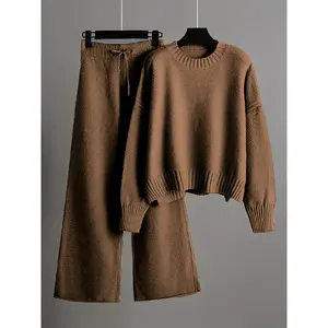 Women'S Oversized Round Neck Sweater & Wide-Leg Pants Two-Piece Set - Soft Casual Elegant Outfit, Loose-Fit Long Sleeve Pullover with Drop Shoulder & Wide-Leg Trousers, Cozy Fall Winter Sweater Suit for Casual Attire Semi-Formal Events