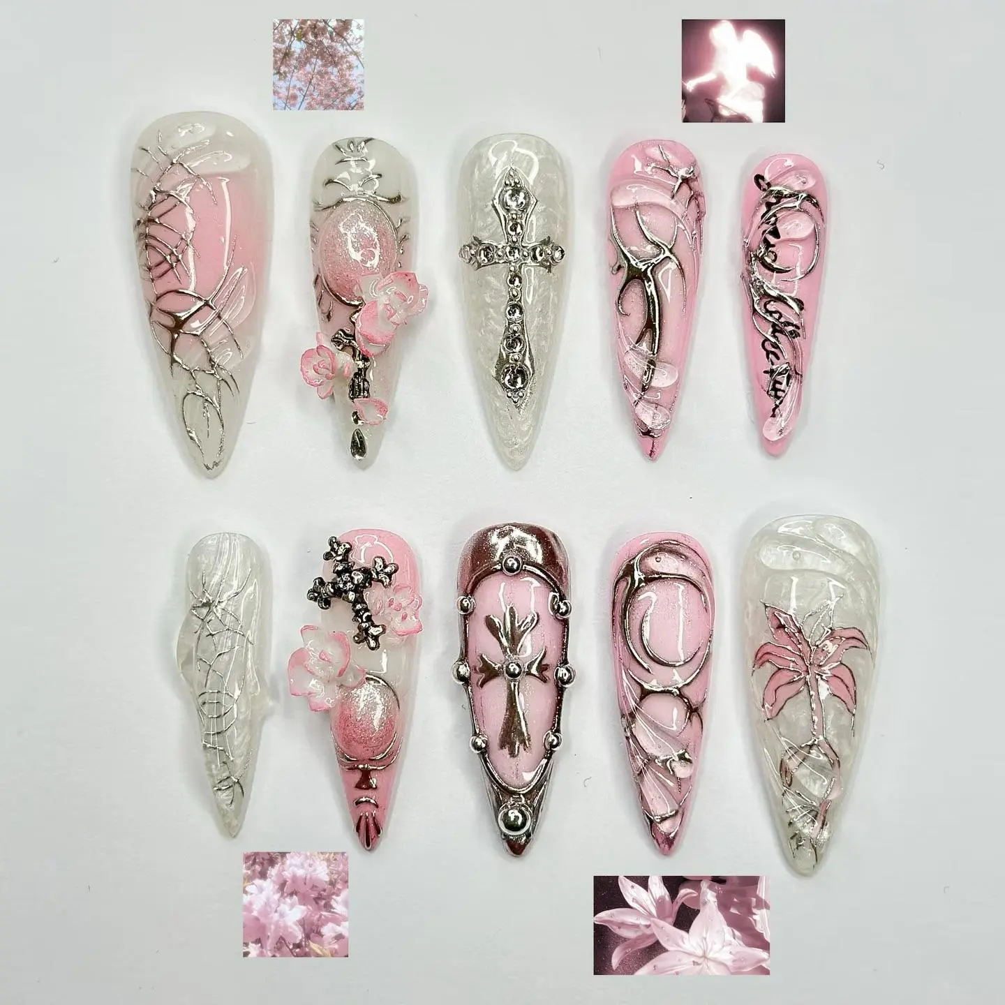 Pink Gothic Cross Press On Nails | 3D Floral Chrome Nail Set | Coquette Angelcore Long Stiletto Nails | Handmade Luxury Y2K Press Ons