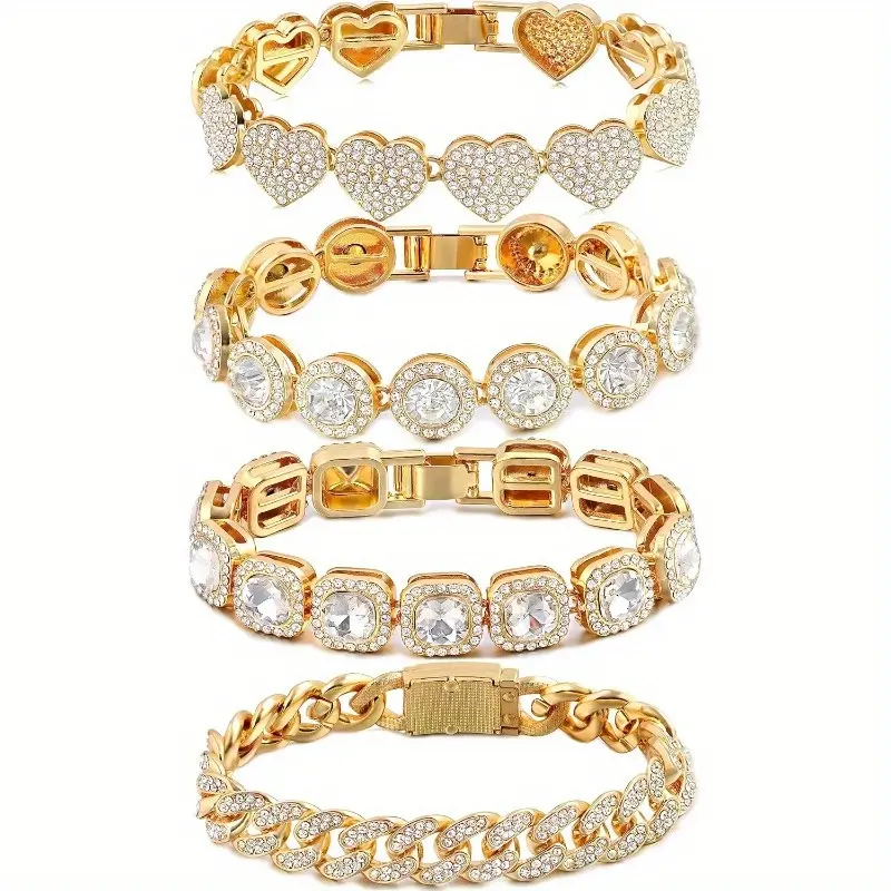 Women's 4-Piece Gold, Silver & Pink Layered Bracelet Set - Iced Out Heart, Round Diamond-Clustered Tennis & Cuban Link Styles, Gold-Plated Stainless Steel Chunky Rhinestone Accents Hip Hop Jewelry, Ideal for Wedding & Party Gifts, Four Pieces, Hypoallerge
