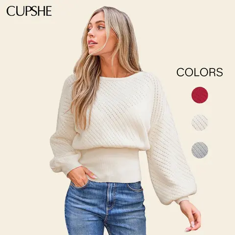 CUPSHE Women's Boatneck Knit Sweater - Longsleeves Fitted Casual Pull-On Top with Cinched Waist, Flattering Tops Bold Energy Knitwear for Minimalist Fall Winter Fashion, Cozy Nylon Acrylic Clothing