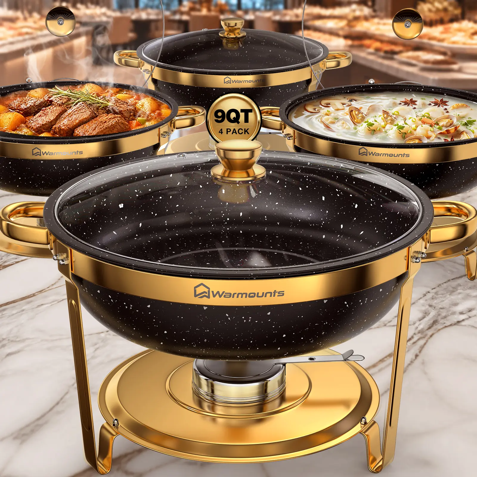 WARMOUNTS 9QT Gold Chafing Dishes Display Set, Maifanite-Coated Round Stainless Steel Food Warmers with Glass Lid Holder, Rolled-Edge Design & Stackable Storage for Catering Events