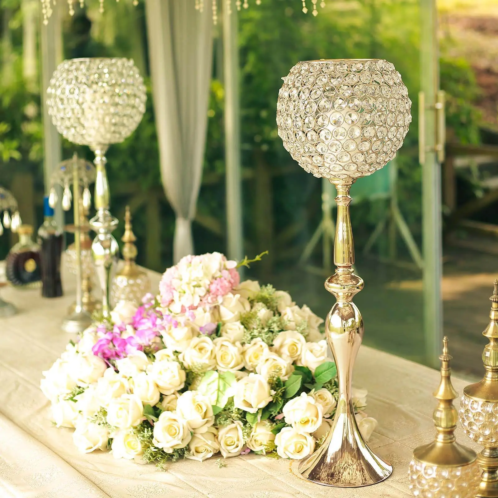30" Goblet-Type Gold-Toned Acrylic Crystal Beaded Candleholder - Glamorous Flower Ball Centerpiece with Crystal Bead Glow for Wedding, Happy Birthday High-End Home Decor, Event Decor