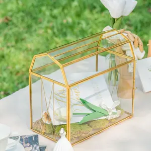 NCYP Gold Glass Cards Box with Slot and Lock for Wedding, Birthday Party - 10.2x5.6x9.3 Inches - Barn Shape Treasure Chest, Card Box with Lock Only