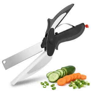 2 In 1 Kitchen Scissors with Built-in Cutting Board, Stainless Steel Chopping Shears, Multi-function Vegetable Cutter with Safety Lock, Ergonomic Ambidextrous Grip, Dishwasher Safe Meal Prep Gadget